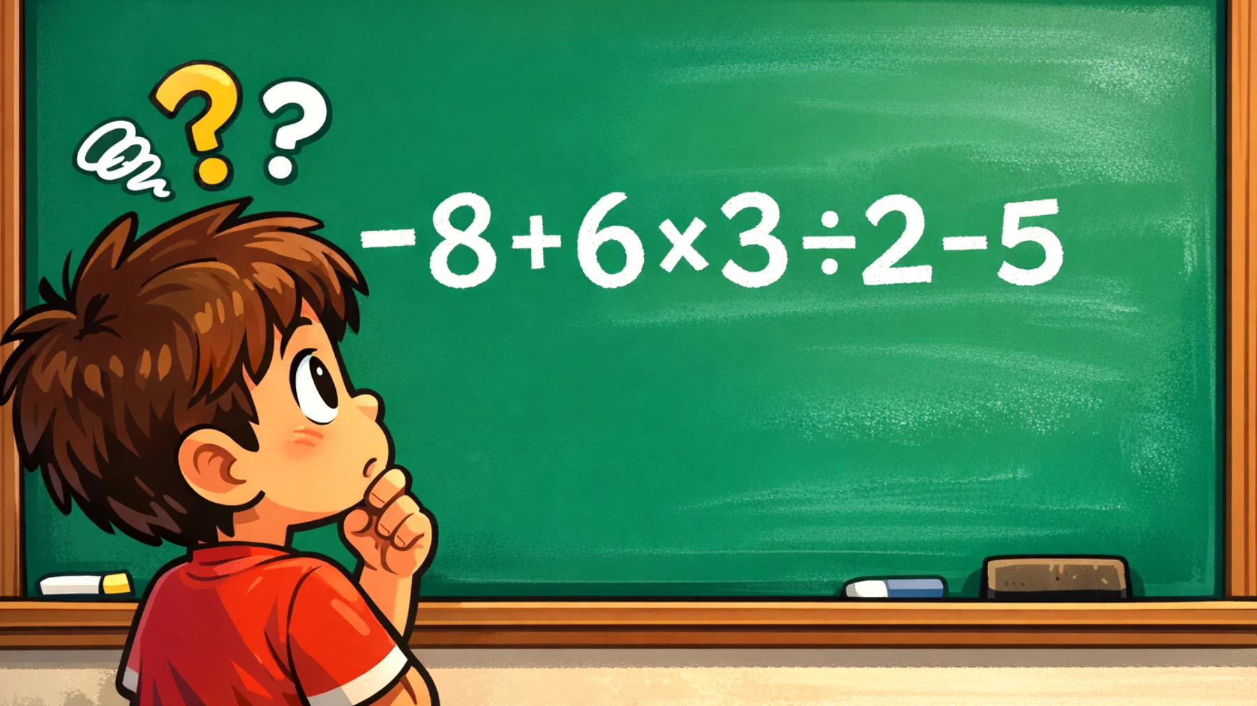 Solo i veri geni risolvono questo calcolo senza sbagliare: quanto fa -8 + 6 × 3 ÷ 2 - 5?"