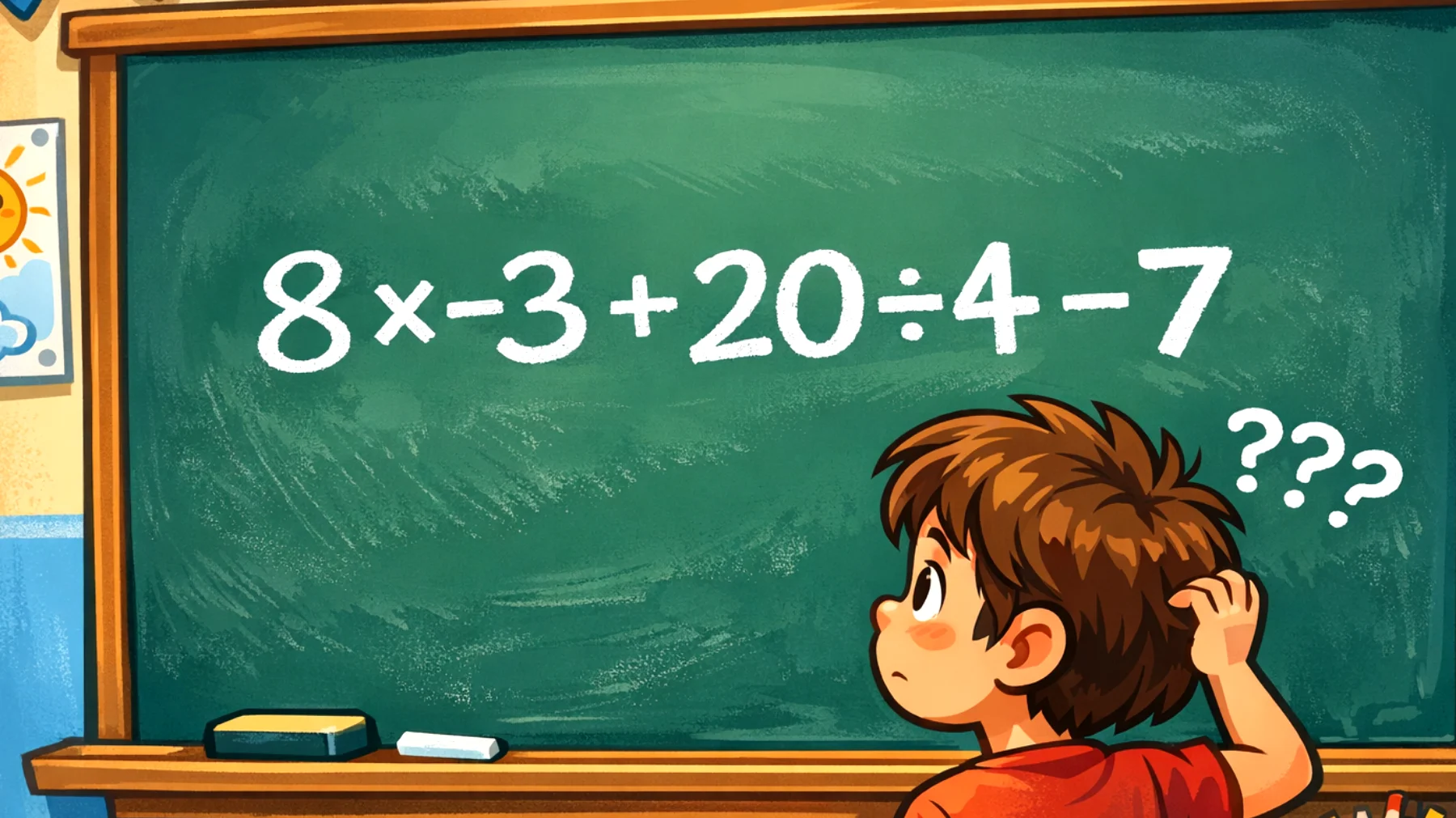 Solo i veri geni risolvono senza errori: quanto fa 8 × -3 + 20 ÷ 4 - 7? Sfida la tua mente, il 90% sbaglia!"